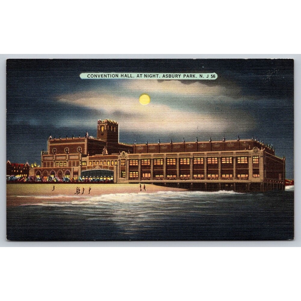 Postcard New Jersey Asbury Park Convention Hall at Night Full Moon 1940 Unposted